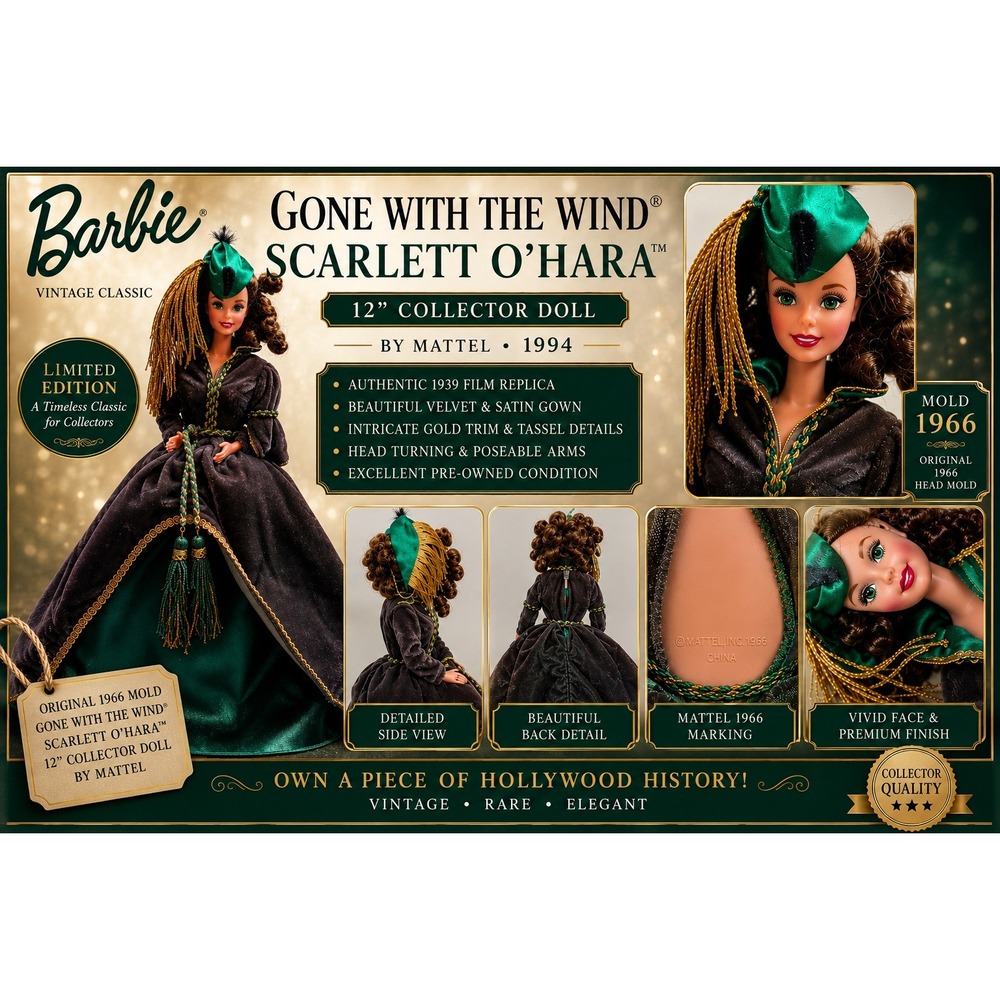 1994 Barbie‎ Scarlett O'Hara Green Drapery Dress Hollywood Legends Mattel